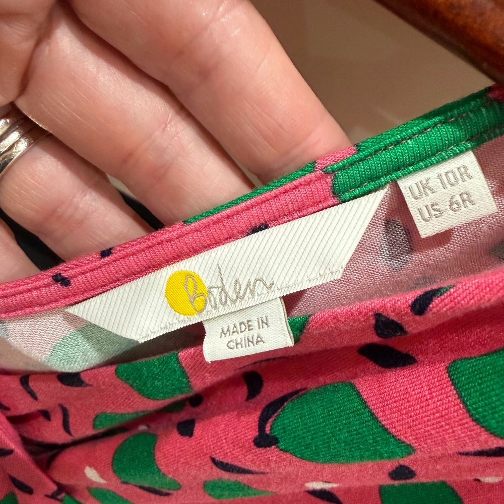Boden 6 Pink Green Pear Print Jersey Midi Dress Cottagecore Fit & Flare Summer - Picture 7 of 11